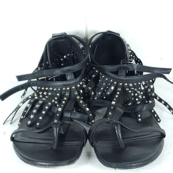 Saint Laurent Women's US8,5 EU39 Black Leather Studded Fringe Gladiator Sandals - Picture 6 of 16